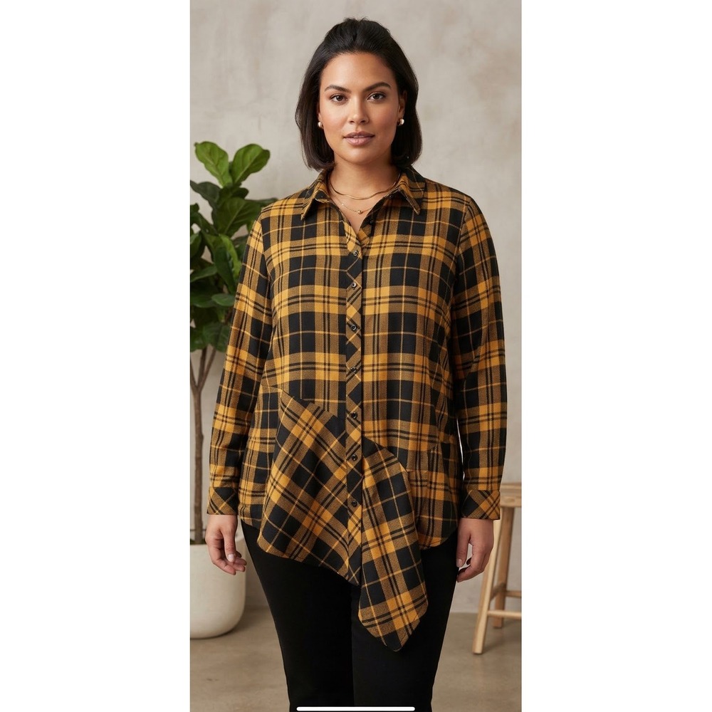Susan Graver Womens XL Yellow Black Plaid Asymmetrical Peplum Button Front Top